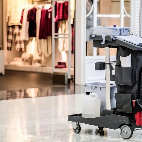 carrito de limpieza y tienda de ropa